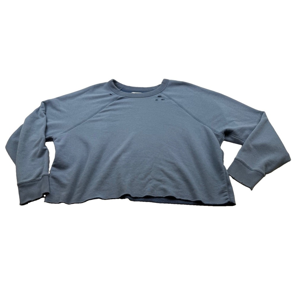 Aerie Womens Distressed Cropped Crewneck Blue Raglan Sleeve Large